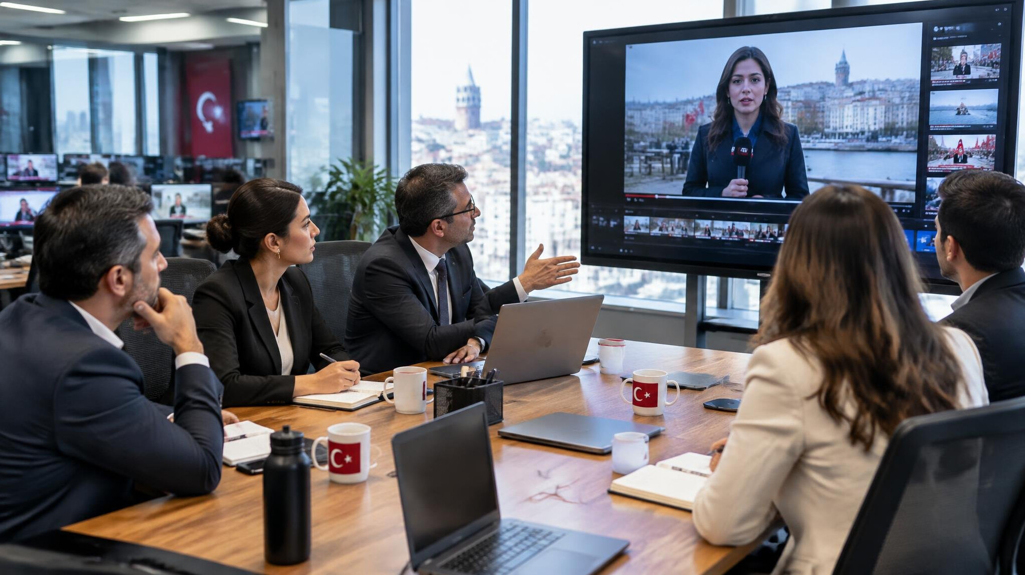 Media trainers reviewing a live broadcast recording together in an editing room