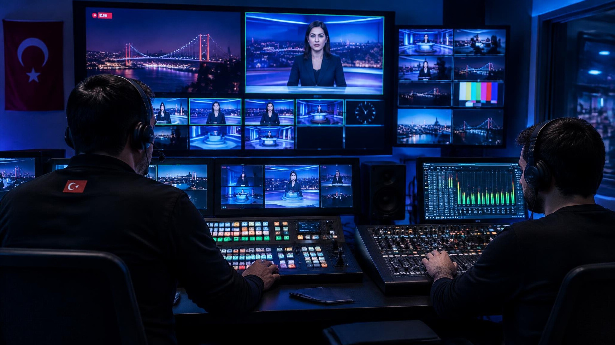 Broadcast control room with technicians monitoring multiple live feed screens