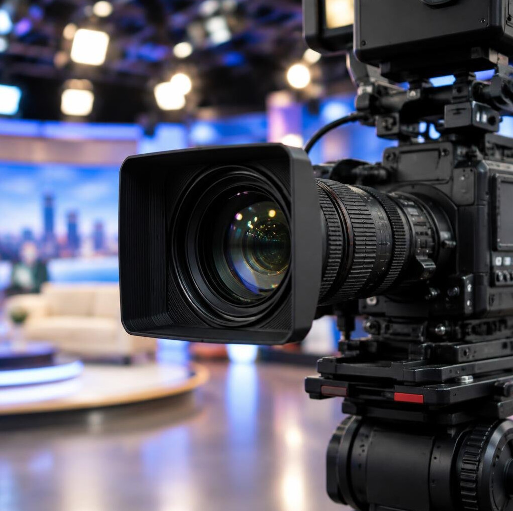 Close-up of a professional broadcast television camera on set