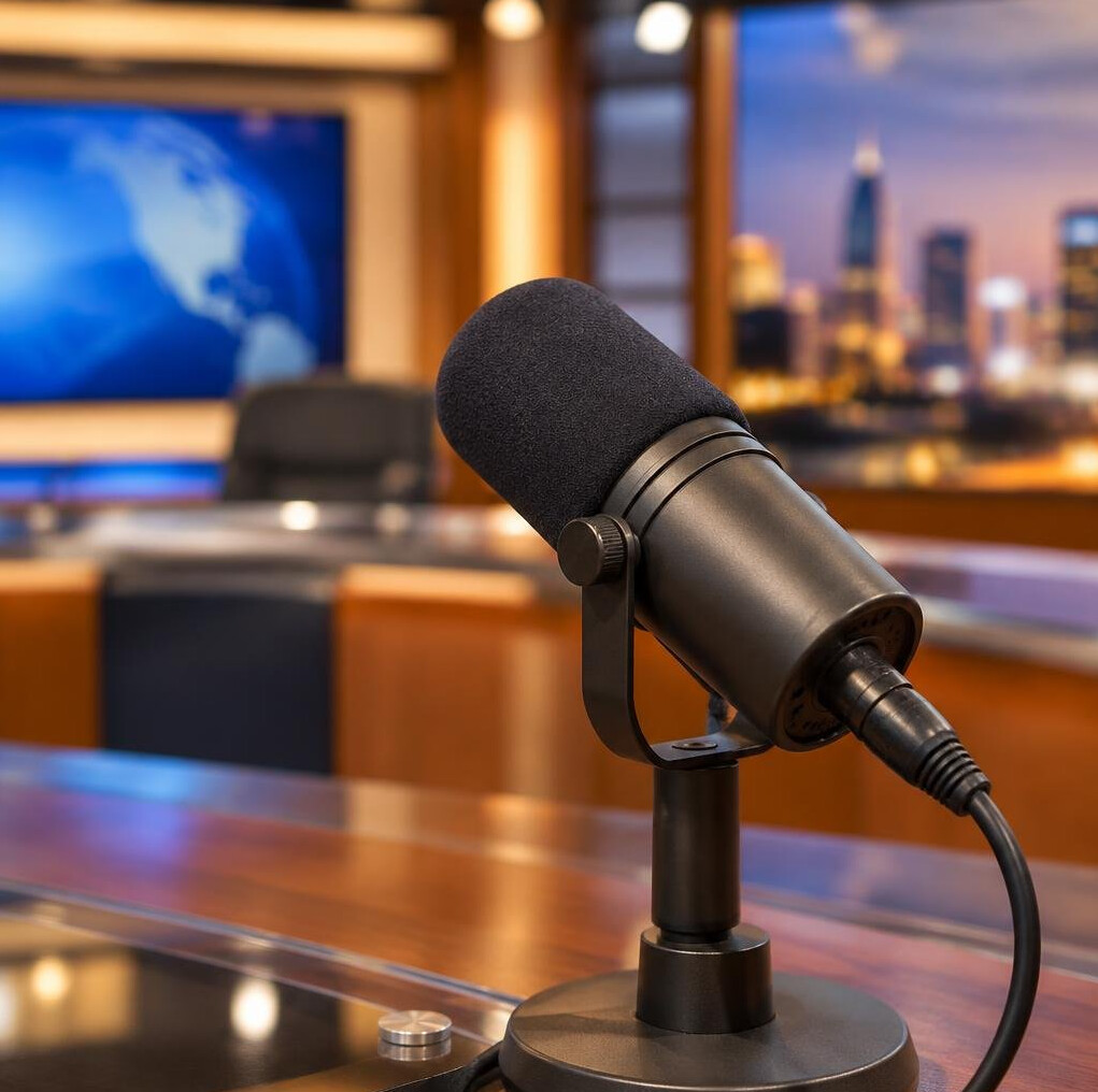 Close-up of a studio microphone on an anchor desk