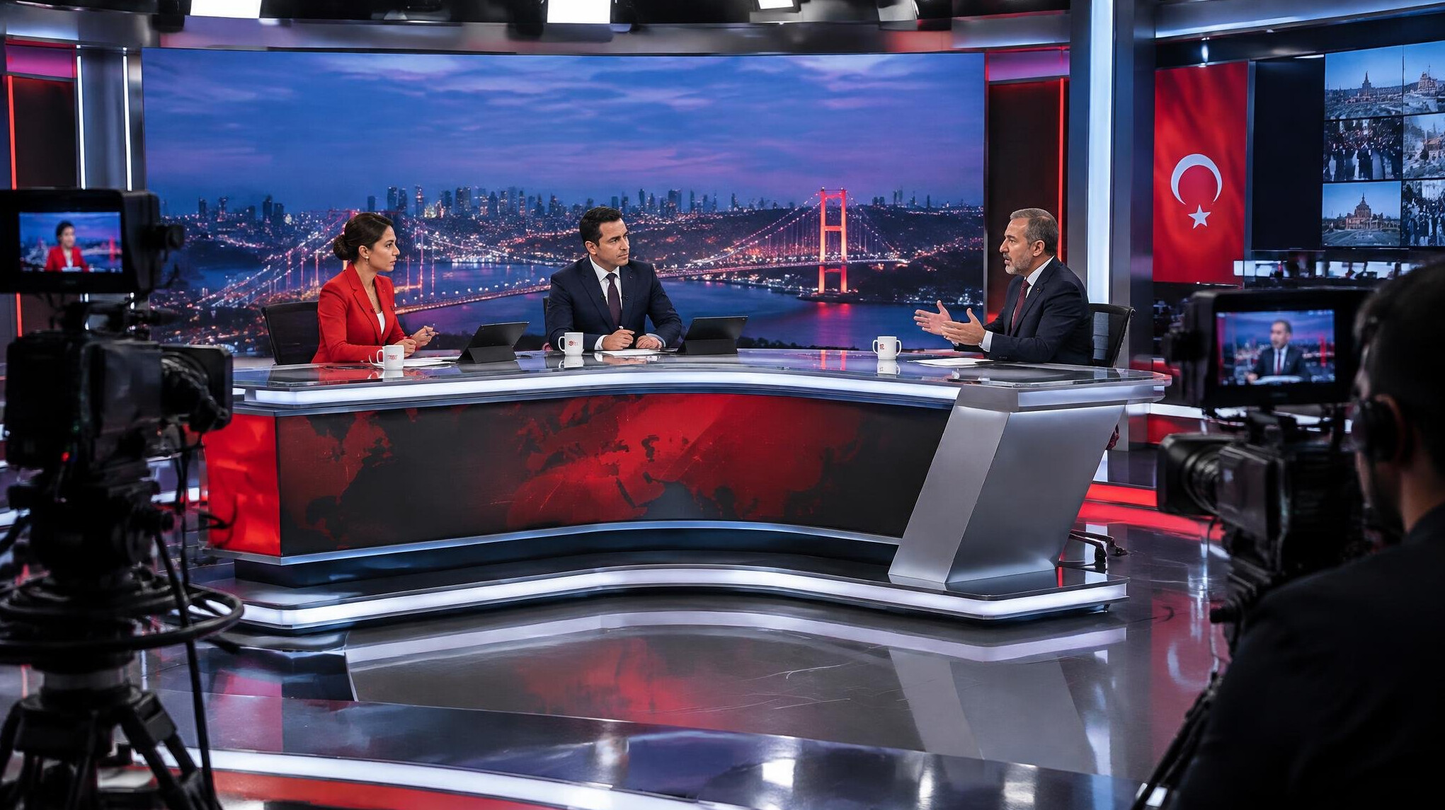 Live TV studio during a heated on-air debate with anchors and a moderator
