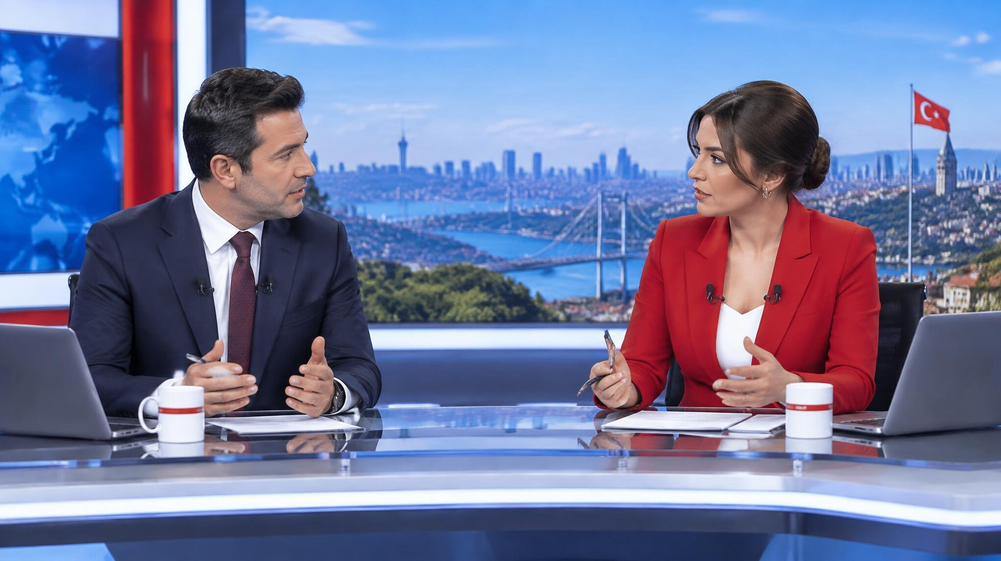 Two news anchors seated at a broadcast desk during a live segment
